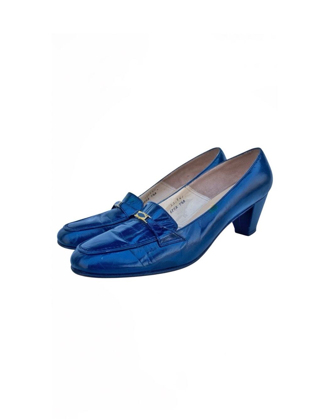 Vintage Saks Fifth Avenue Cobalt Blue Leather Loafer Pumps Gold Hardware Heels